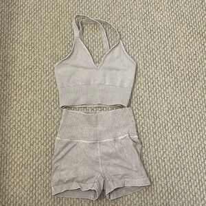 High-Rise 7/8 Length Good Karma Leggings and good karma crop top color ice grey